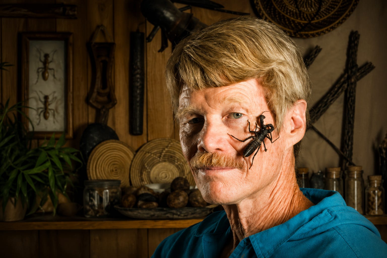 A calm moment in the midst of extreme science, this image captures entomologist Justin Schmidt with a bullet ant resting against his face, a quiet yet powerful symbol of his extraordinary research into pain. Known for developing the Schmidt Pain Index, Schmidt endured some of the most intense insect stings in the natural world to better understand their effects. The warm, rustic setting contrasts sharply with the severity of the subject, reflecting both the curiosity and courage behind his work.