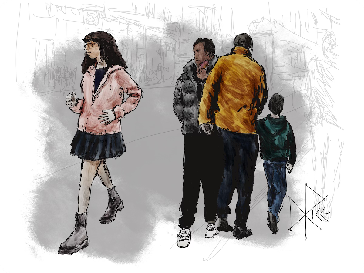 Two men bump shoulders while walking in opposite directions on the sidewalk. One was distracted by his phone and a woman in front, the other preoccupied with listening to the boy walking beside him. Sketch art by Don Rice.