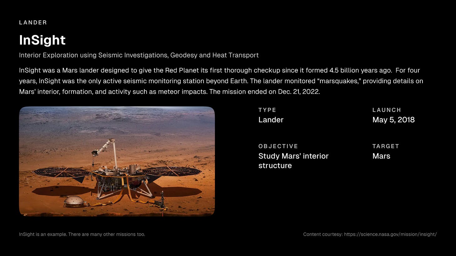 Lander spacecraft example - InSight (Interior Exploration using Seismic Investigations, Geodesy and Heat Transport) Lander spacecraft example - InSight (Interior Exploration using Seismic Investigations, Geodesy and Heat Transport)