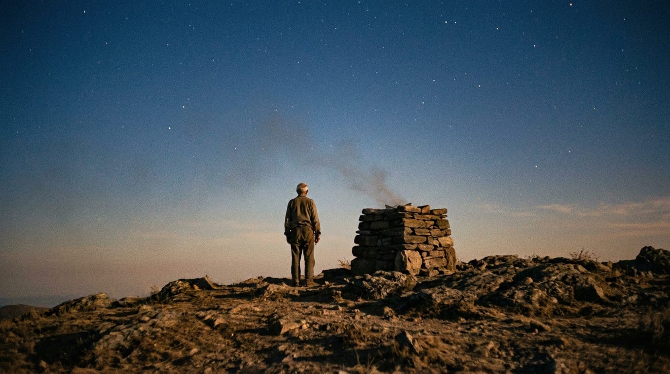 A stone altar on a rocky hilltop at dusk with a thin line of smoke rising into a sky where the first stars are appearing, an old man seen small and from far behind, no faces, no text A stone altar on a rocky hilltop at dusk with a thin line of smoke rising into a sky where the first stars are appearing, an old man seen small and from far behind, no faces, no text