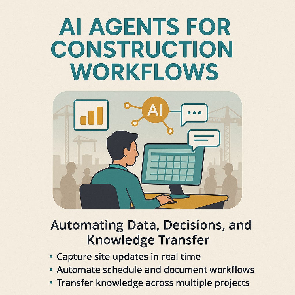 Image showing AI agents automating construction workflows by capturing site updates, managing schedules, and transferring knowledge in real time