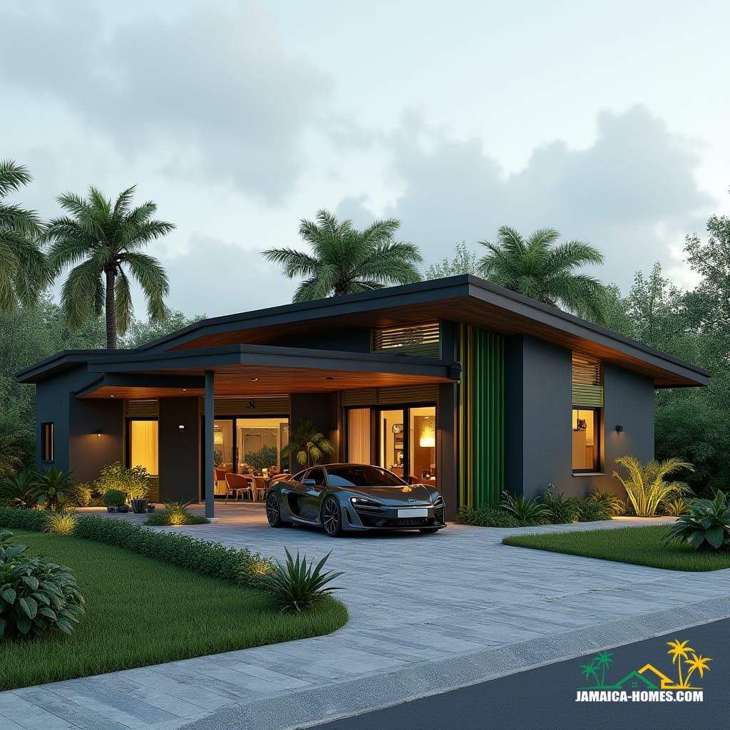  A single-level, affordable modern Jamaican home in the Caribbean, featuring simple yet stylish architecture with clean lines, flat roofs, and an open-plan layout. The exterior showcases black-painted concrete, cement, brick, and natural wood, accented with vibrant Jamaican colors of green, yellow, and black on trims and shutters. Large windows and sliding glass doors invite abundant natural light. Modest tropical landscaping surrounds the home, with a small patio and a driveway featuring a nice car. Ultra-realistic rendering, cinematic lighting, cinematic film still captured on v-raptor XL, film grain, vignette, color graded, post-processed, 35mm film, live-action, best quality, atmospheric, a masterpiece, epic, stunning, dramatic.