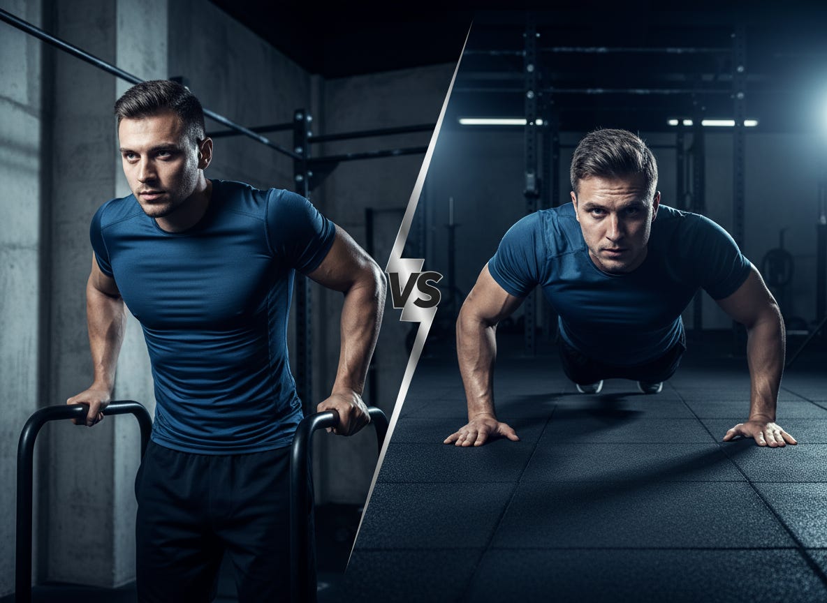Man performing dips on parallel bars compared to man doing push-ups on the floor, highlighting the differences between dips vs push-ups. Man performing dips on parallel bars compared to man doing push-ups on the floor, highlighting the differences between dips vs push-ups.
