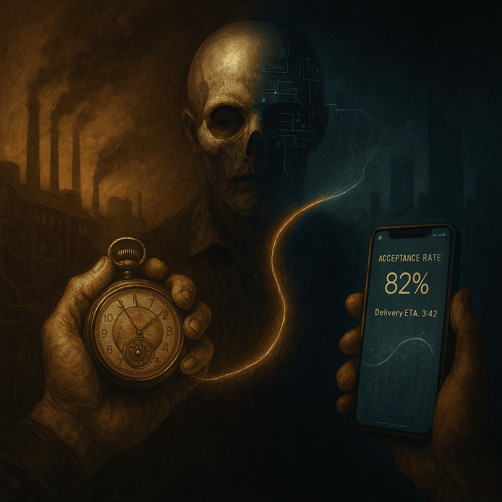 Contraction of the Social Contract from physical labor management (Taylorism) to algorithmic control (TensorFlow). The human element is compressed by code.