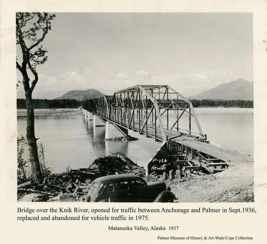 Knik River bridge in 1937 near Palmer, Alaska.