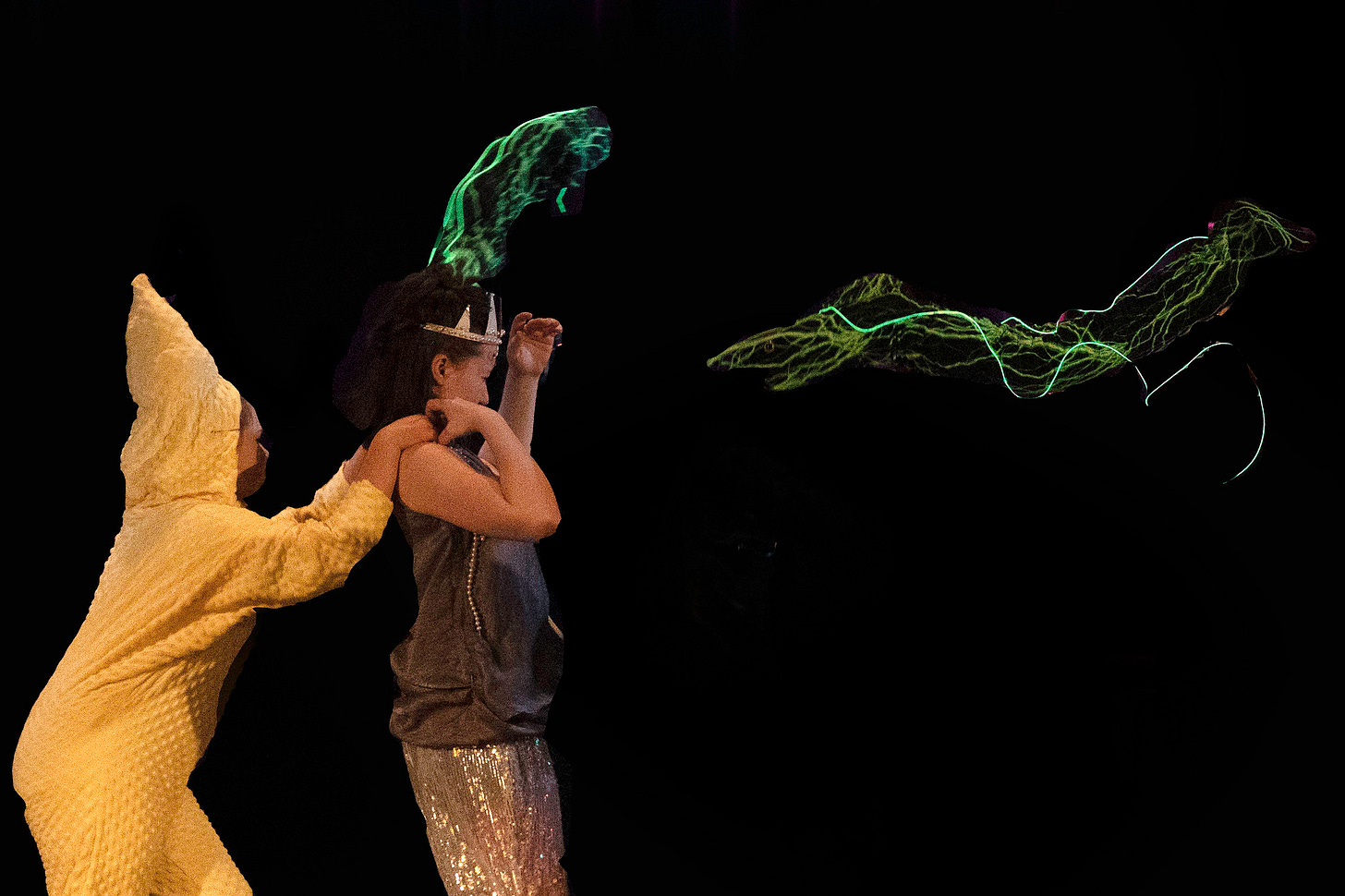 Starfish, Pearl and electric eel puppets glowing