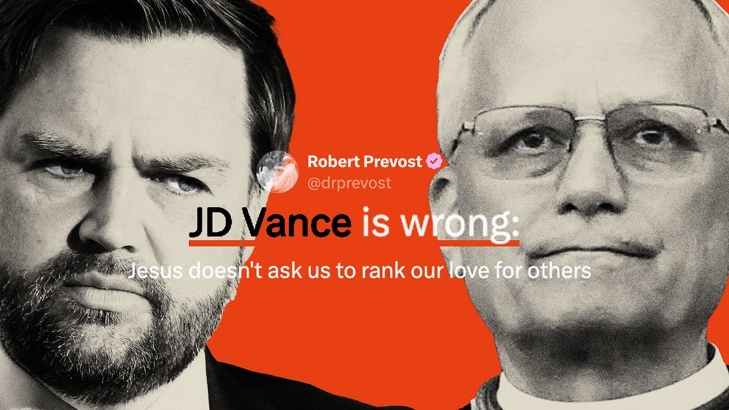 Vice President JD Vance and Pope Leo XIV on a red background with a tweet from then-Robert Prevost saying, "JD Vance is wrong" Vice President JD Vance and Pope Leo XIV on a red background with a tweet from then-Robert Prevost saying, "JD Vance is wrong"