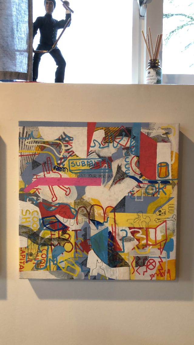 Two paintings containing doodles in layered acrylic and graphite.