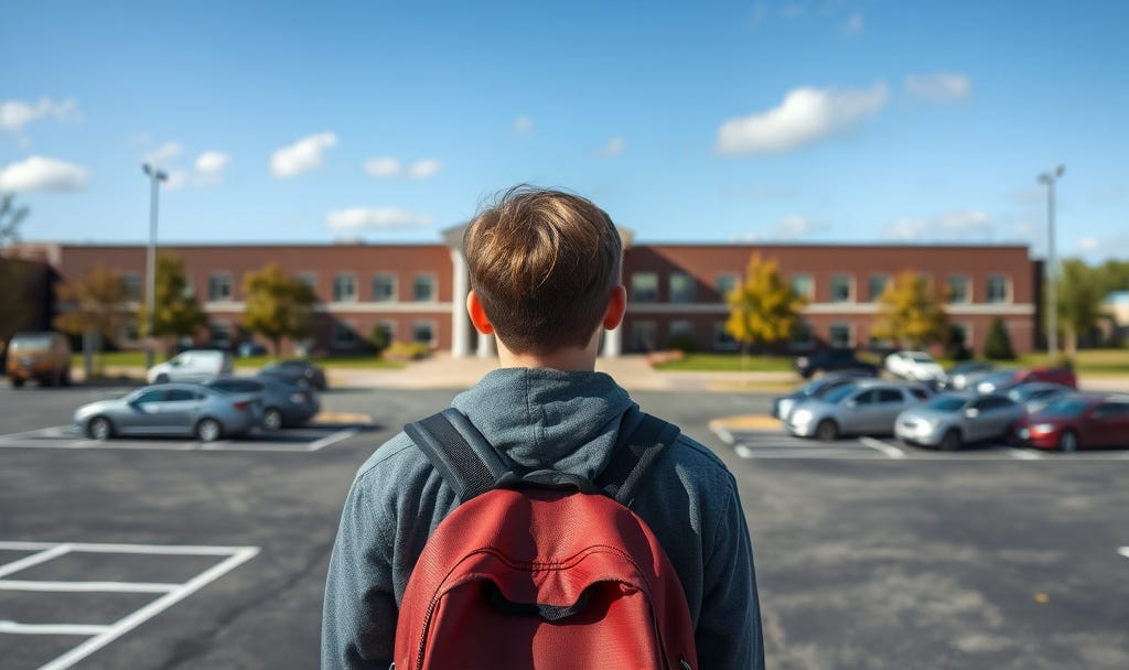 a student looking away from the school toward the parking lot
