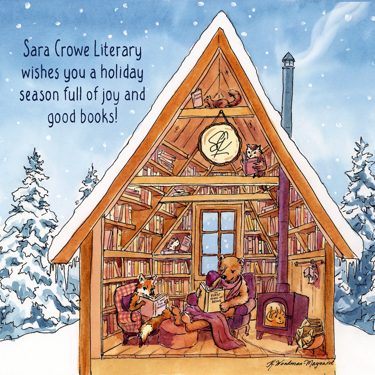 Watercolor illustration by artist K. Woodman-Maynard of a book shelf lined cabin in the snowy woods featuring woodland creatures reading books by Sara Crowe Literary authors.