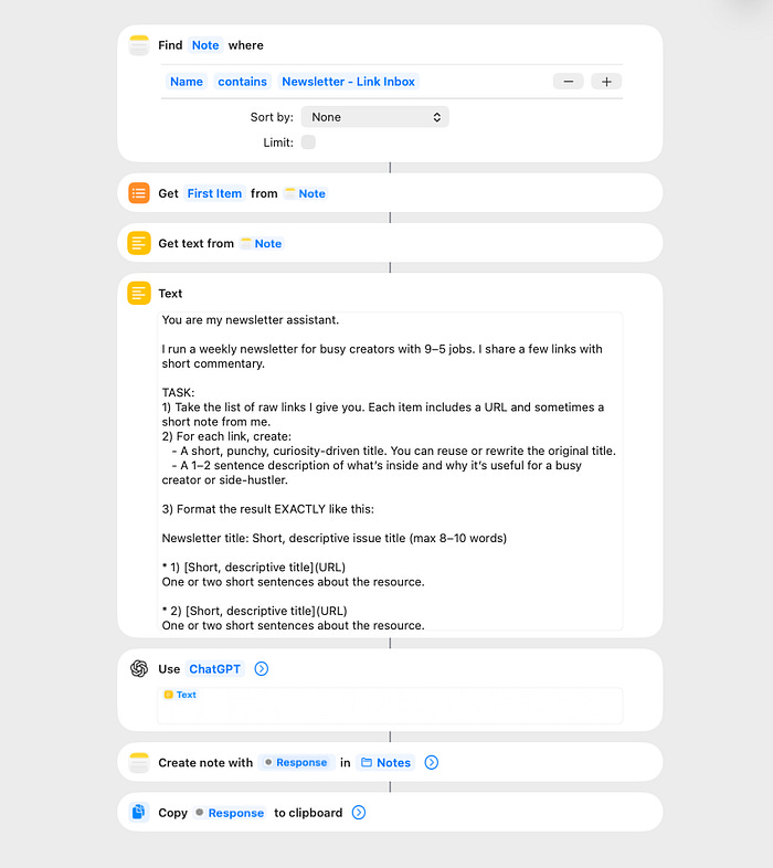 Apple shortcut using ChatGPT to format links from Apple Notes