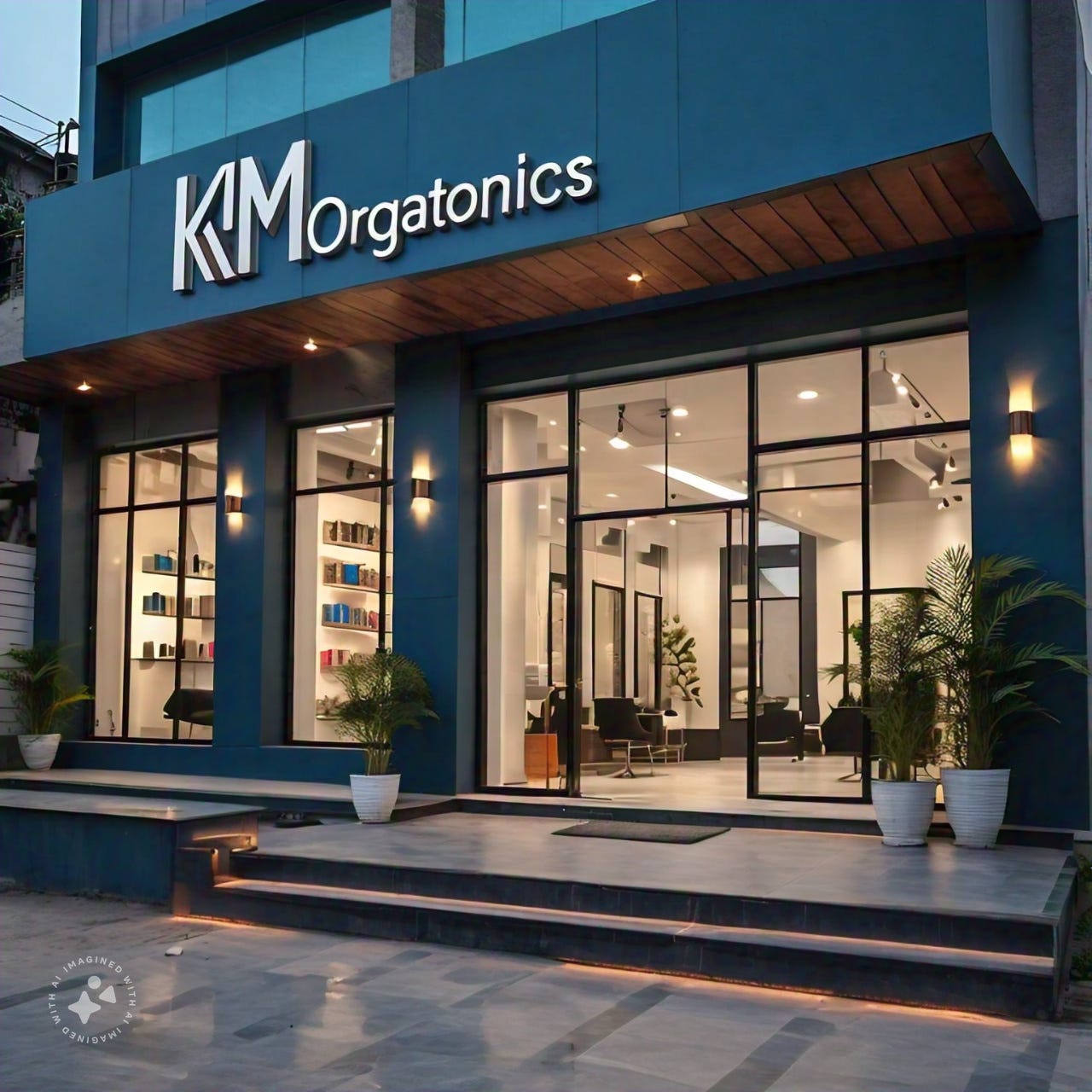 The image showcases the exterior of a contemporary business named "KM Orgatonics," likely a spa, salon, or wellness center. The building has a dark teal facade with large glass windows providing a view of the brightly lit interior. A wooden canopy accents the entrance. Potted plants flank the doorway, which has a couple of steps leading up to it. Wall-mounted lights on either side of the entrance illuminate the area. The business name is prominently displayed in silver lettering on the teal facade. The entrance area is paved with light-colored tiles or concrete. A small circular watermark reading "Imagined with AI" is in the bottom left corner.