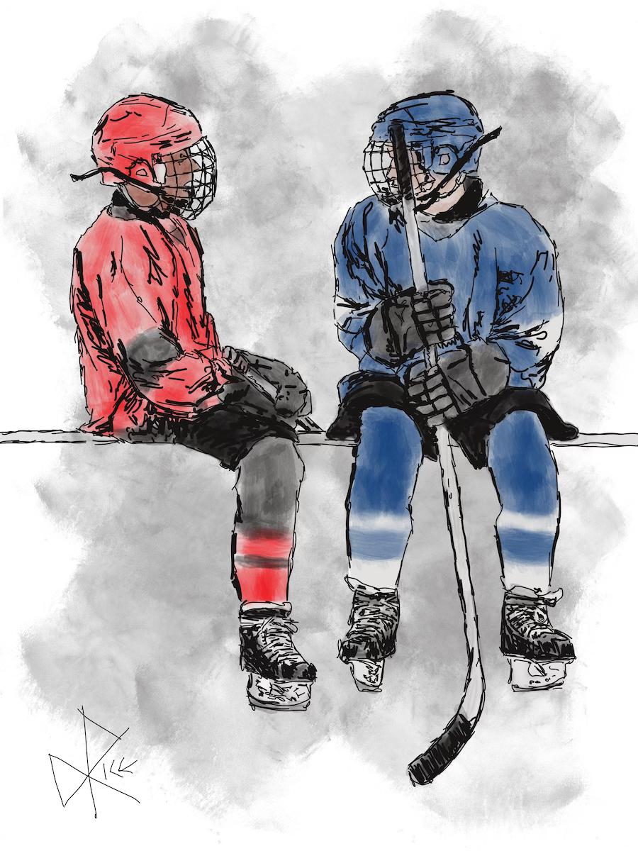 Two minor hockey players from opposing teams, geared up and conversing before they play against each other. Sketch art by Don Rice. Two minor hockey players from opposing teams, geared up and conversing before they play against each other. Sketch art by Don Rice.