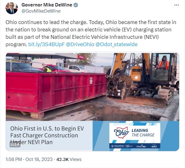 Ohio continues to lead the charge. Today, Ohio became the first state in the nation to break ground on an electric vehicle (EV) charging station built as part of the National Electric Vehicle Infrastructure (NEVI) program. includes link to news release at https://bit.ly/3S4BUpF and to twitter accounts @DriveOhio and @Odot_statewide Ohio continues to lead the charge. Today, Ohio became the first state in the nation to break ground on an electric vehicle (EV) charging station built as part of the National Electric Vehicle Infrastructure (NEVI) program. includes link to news release at https://bit.ly/3S4BUpF and to twitter accounts @DriveOhio and @Odot_statewide