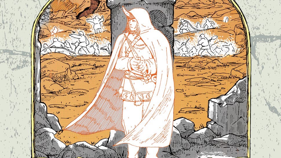 The titular Cloud Empress hides behind a stone column as a battle rages in a field behind them.