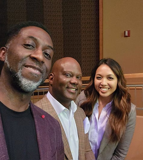 Image on the left of 3 people standing in an auditorium, smiling at the camera. From left to right, they are wearing purple, tan and grey blazers. Middle image of researchers standing outside, on a group of stairs, bordered by large stones, with small buildings in the background. Right-hand image of Nii Addy, wearing a grey sportscoat, and an MIT student moderator, wearing a black shirt and jeans, both sitting in front of a classroom full of students.