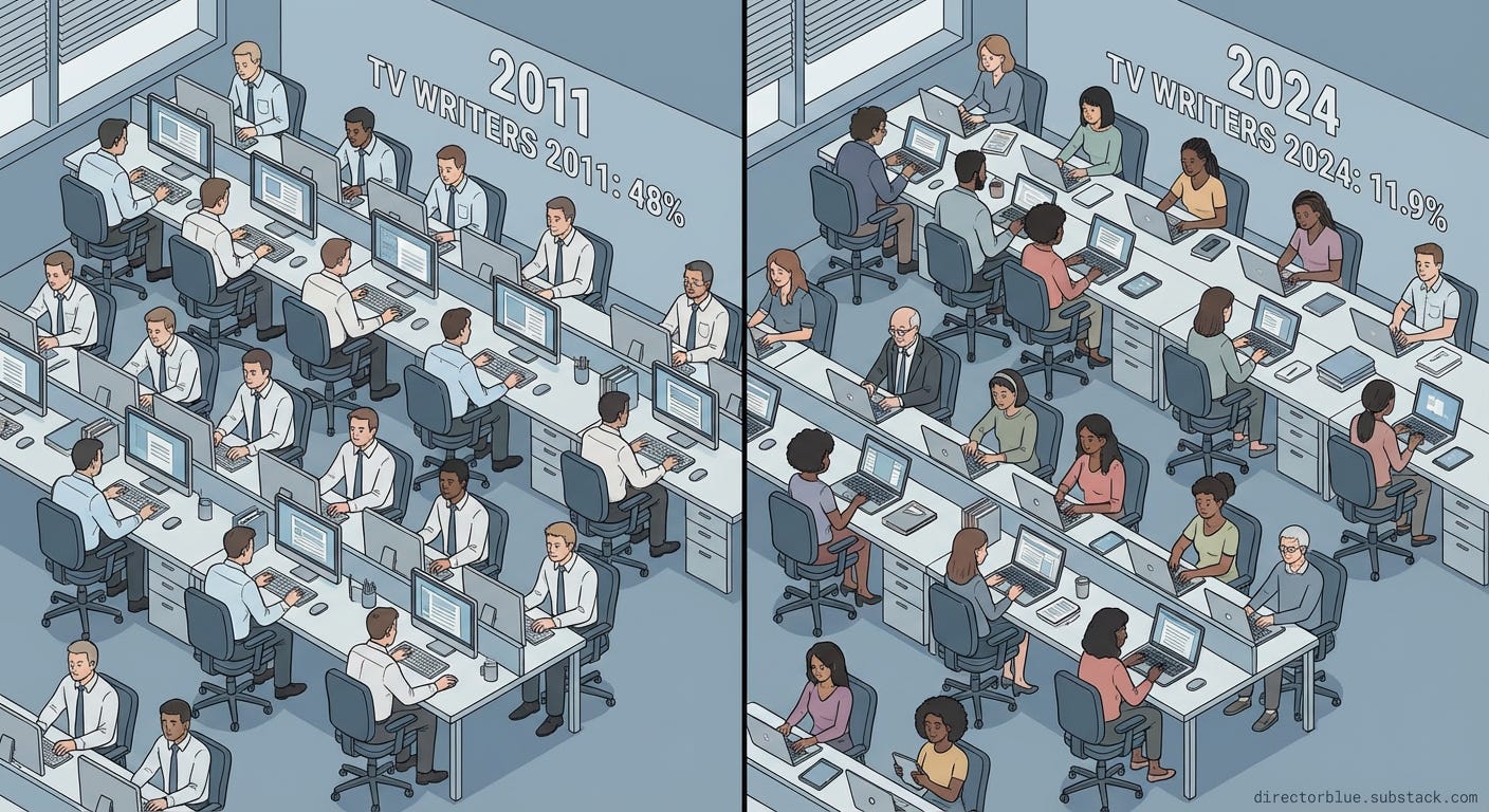 A newsroom visualization showing rows of reporter desks from an aerial view designed as an infographic The scene transitions from 2011 (left) to 2024 (right) In 2011 desks are filled with diverse journalists but roughly half are white men ty_image_1