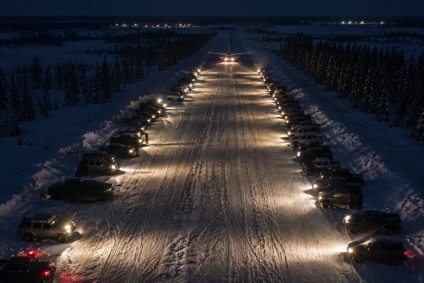 Illustration depicting residents of Igiugig, Alaska, using vehicle headlights to illuminate a runway during a medical evacuation in 2020.
