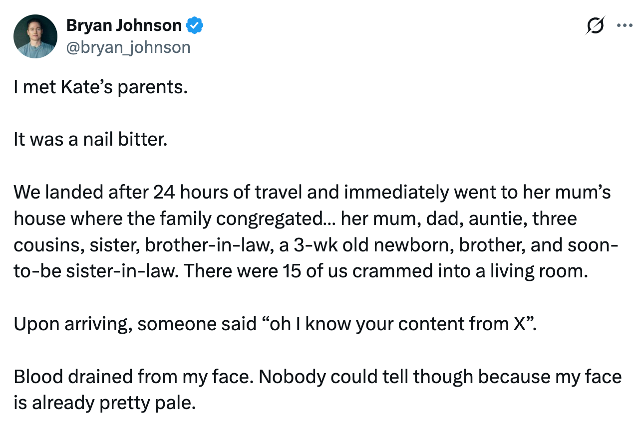 Partial tweet from Bryan Johnson: "I met Kate’s parents. It was a nail bitter. We landed after 24 hours of travel and immediately went to her mum’s house where the family congregated… her mum, dad, auntie, three cousins, sister, brother-in-law, a 3-wk old newborn, brother, and soon-to-be sister-in-law. There were 15 of us crammed into a living room. Upon arriving, someone said “oh I know your content from X”. Blood drained from my face. Nobody could tell though because my face is already pretty pale." Partial tweet from Bryan Johnson: "I met Kate’s parents. It was a nail bitter. We landed after 24 hours of travel and immediately went to her mum’s house where the family congregated… her mum, dad, auntie, three cousins, sister, brother-in-law, a 3-wk old newborn, brother, and soon-to-be sister-in-law. There were 15 of us crammed into a living room. Upon arriving, someone said “oh I know your content from X”. Blood drained from my face. Nobody could tell though because my face is already pretty pale."