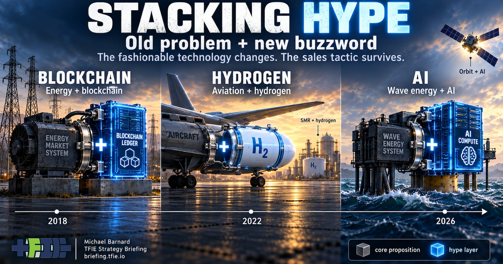 Timeline graphic showing energy-market blockchain, hydrogen aviation, and wave-powered and orbital AI as bright hype layers attached to unresolved core propositions from 2018 to 2026.