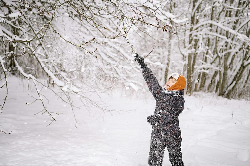 Boy playing in the snow in a forest