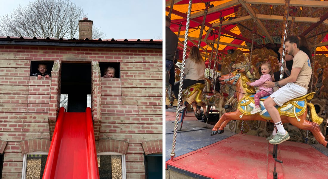 Two pictures - one of a brick building with two children in it, and one with a merry-go-round