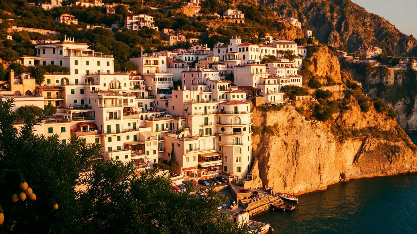 Pastel cliffside houses of Positano on the Amalfi Coast at golden hour above the sea