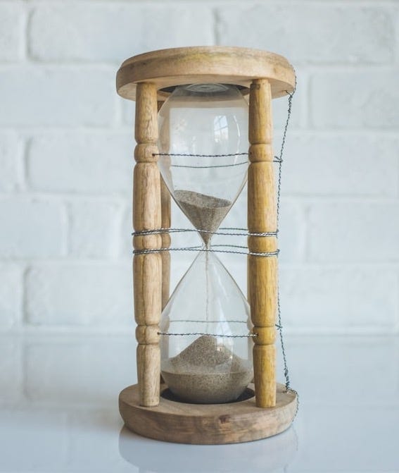 clear hour glass with brown frame