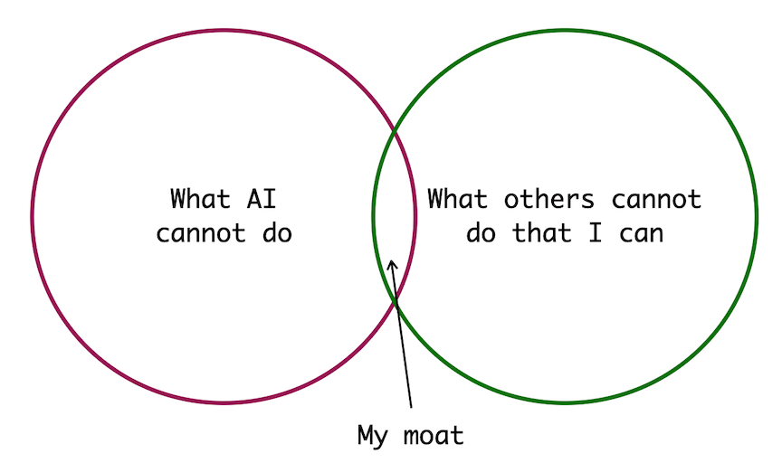 Subbu Allamaraju's 'my moat' Venn — the shrinking overlap of what AI can't do and what others can't do that you can. Subbu Allamaraju's 'my moat' Venn — the shrinking overlap of what AI can't do and what others can't do that you can.