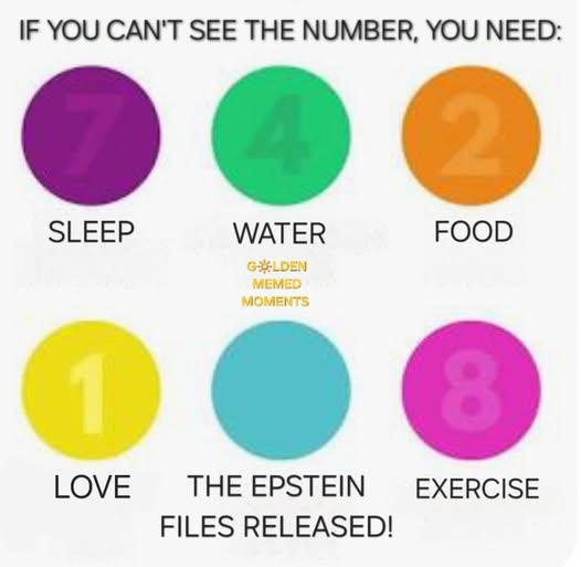 May be an image of text that says 'IF YOU CAN'T SEE THE NUMBER, YOU NEED: SLEEP WATER FOOD G-*LDEN MEMED MOMENTS LOVE THE EPSTEIN FILES RELEASED! EXERCISE'