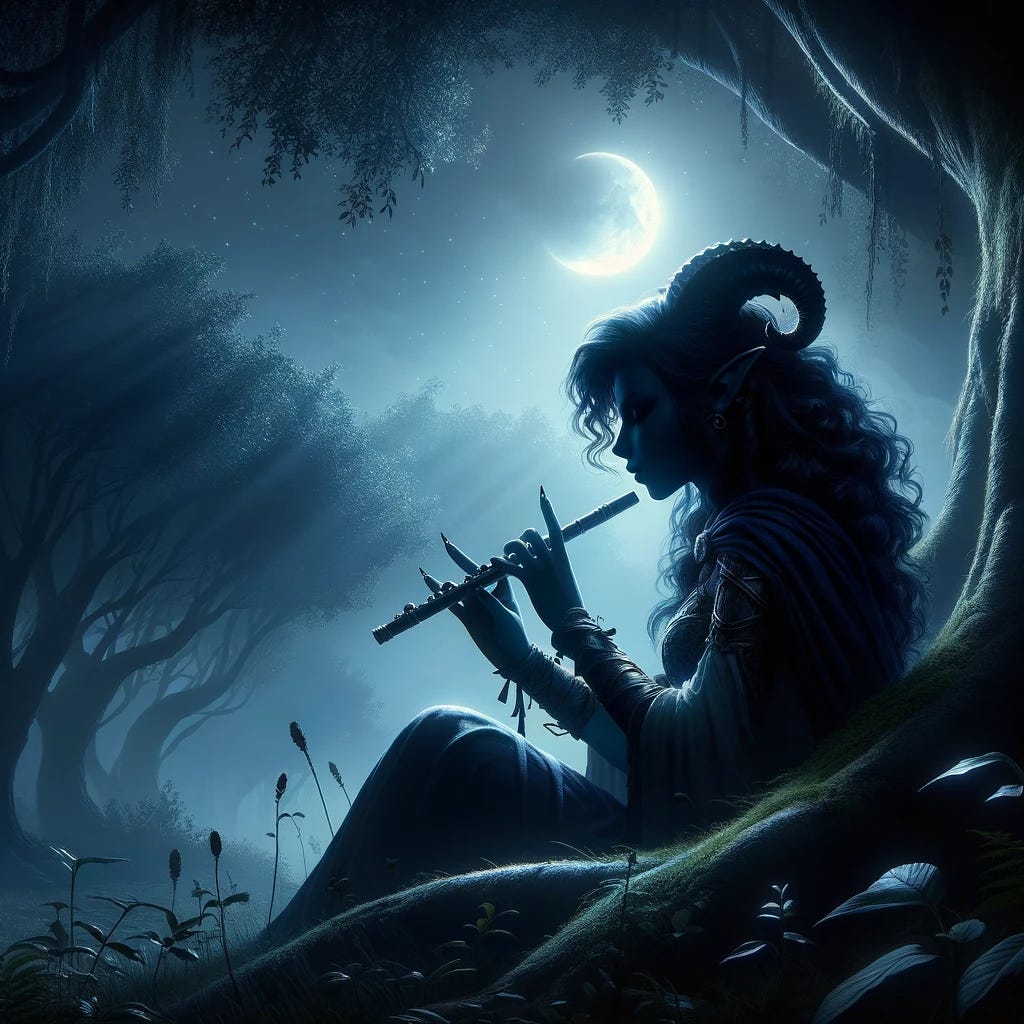 In a hidden grove bathed in moonlight, a young tiefling woman, Seraphina, is depicted as a silhouette, emphasizing her mysterious and complicated nature. She is playing a small, worn flute, its melody echoing in the tranquil night. The scene is illuminated by the silver glow of a crescent moon, casting dappled shadows through the leaves of ancient trees. Seraphina's deep blue hair and distinct tiefling horns are outlined against the moonlit backdrop. The atmosphere is serene yet poignant, capturing the essence of a fantasy motif while foreshadowing her dark and ambitious future.