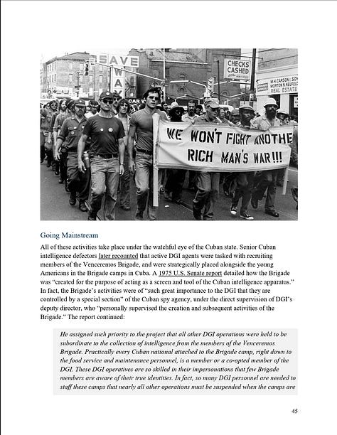 Screenshots of pages 43, 44, and 45 of the Cuba Report, to illustrate the placement and context of the photo of Vietnam Veterans. Page 43 shows wanted photos depicting members of a terrorist organization. On page 44 a reference is made to claims about the recruitment of veterans by Cuba to train to commit terrorism. Page 45 shows the photo of Vietnam Veterans Against the War.