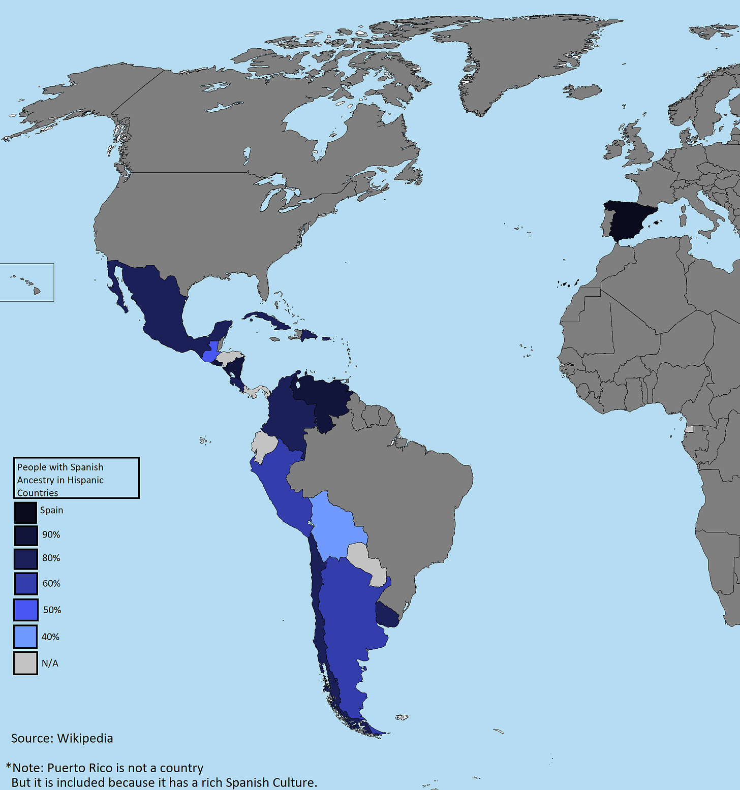r/MapPorn - People with Spanish Ancestry in Hispanic Countries Spain 90% 80% 60% 50% 40% N/A Source: Wikipedia *Note: Puerto Rico is not a country But it is included because it has a rich Spanish Culture.