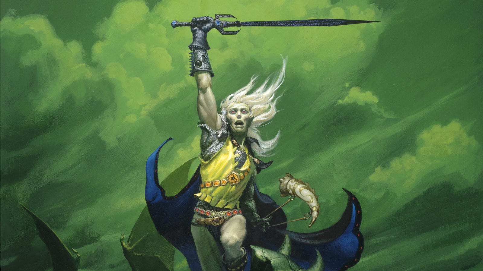 Detail from STORMBRINGER featuring Elric standing atop ruins thrusting his runeblade to the heavens. The sky behind him roils with clouds rendered in acidic green. The chainmail on his right arm is torn. He wears a yellow tunic and belts strapped across his waist and chest crusted with jewels. His purple and black cloak billows in the wind. From a leather cord, he holds an ivory horn with ornate swirls of gold. 