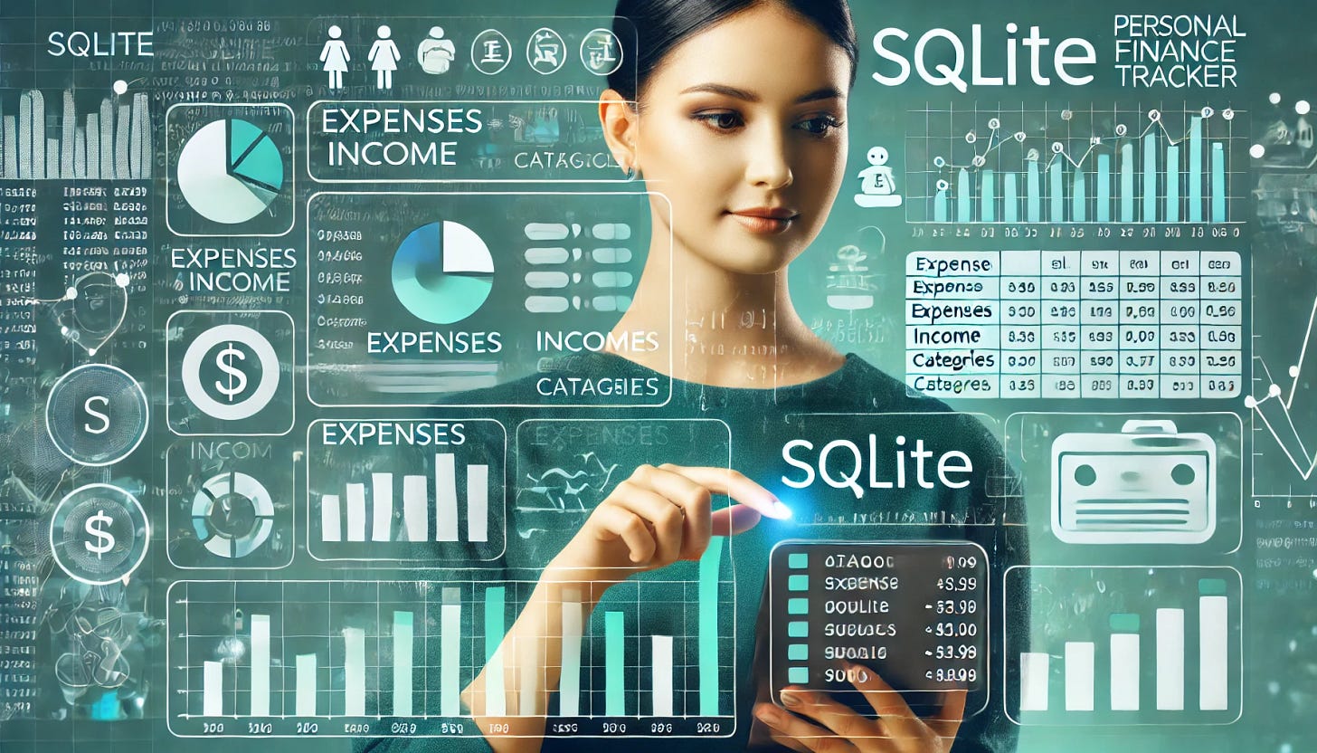 Digital personal finance tracker with charts, a woman interacting with it, and subtle SQLite icons, in a green and blue color scheme. Digital personal finance tracker with charts, a woman interacting with it, and subtle SQLite icons, in a green and blue color scheme.