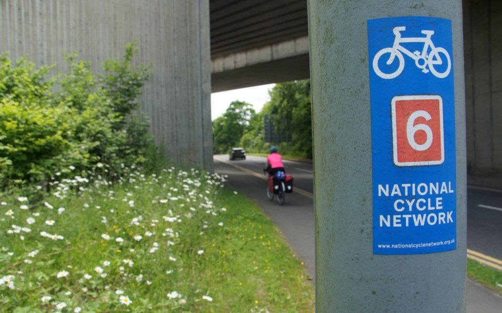 The National Cycling Network is a mix of narrow country roads, dirt paths, and canal walkways that cross England. Follow the signs for a good ride! The National Cycling Network is a mix of narrow country roads, dirt paths, and canal walkways that cross England. Follow the signs for a good ride!