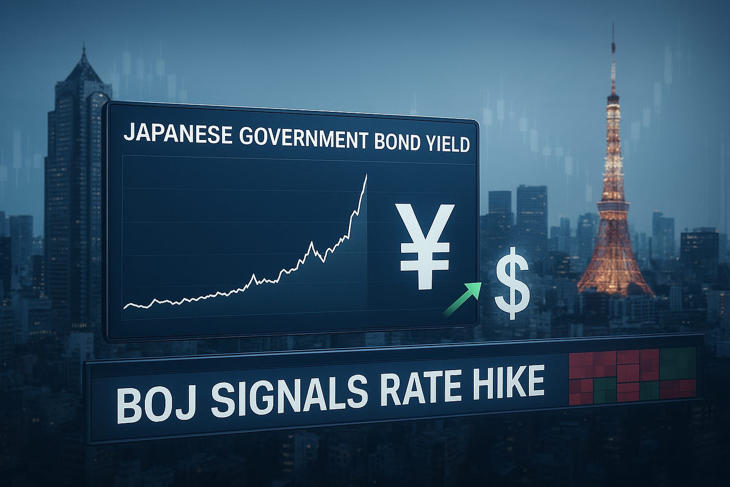 High-resolution financial newsroom–style graphic featuring Japanese government bond yield charts spiking sharply upward, a strengthening yen symbol against the U.S. dollar, and a headline ticker reading “BOJ Signals Rate Hike.” Backdrop shows Tokyo’s financial district with subtle candlestick charts overlayed and a red-and-green market heatmap indicating global volatility. The aesthetic is modern, realistic, and professional, suitable for a macroeconomic article. Lighting is crisp with cool-toned highlights and a data-centric design.