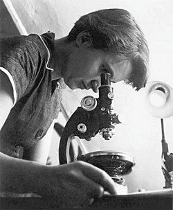 Rosalind Franklin with a microscope in 1955