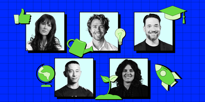 Collage of five professional individuals, each shown in a black-and-white portrait with light blue backgrounds, set against a bright blue grid. Green icons surround the portraits, including a thumbs-up, watering can, lightbulb, graduation cap, globe, sprout, and rocket, symbolizing growth, innovation, education, and global impact. The group features three people in the top row and two in the bottom row. Collage of five professional individuals, each shown in a black-and-white portrait with light blue backgrounds, set against a bright blue grid. Green icons surround the portraits, including a thumbs-up, watering can, lightbulb, graduation cap, globe, sprout, and rocket, symbolizing growth, innovation, education, and global impact. The group features three people in the top row and two in the bottom row.