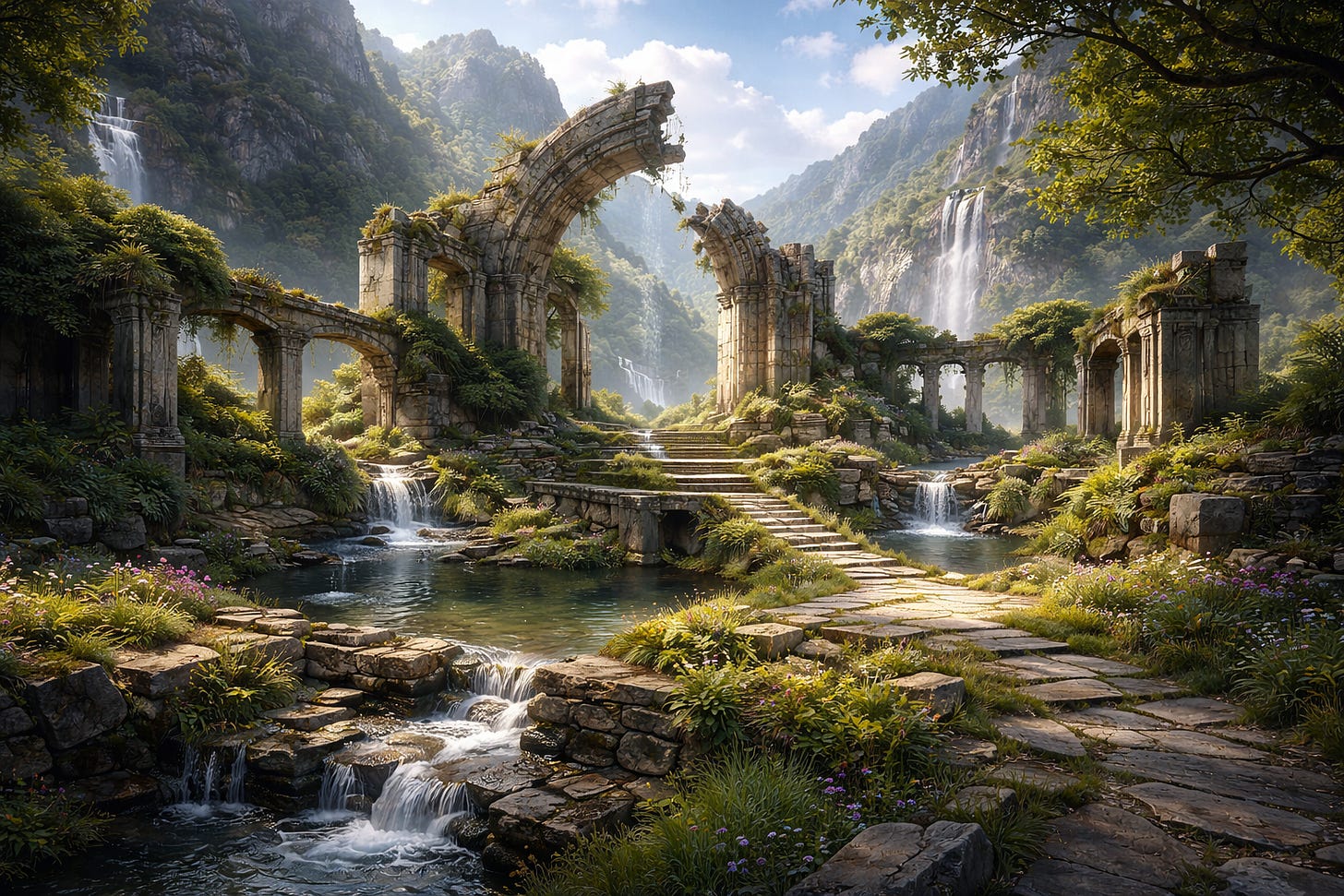 Ancient stone arches and ruins integrated into a lush living landscape with waterfalls, greenery, and stone pathways under sunlight