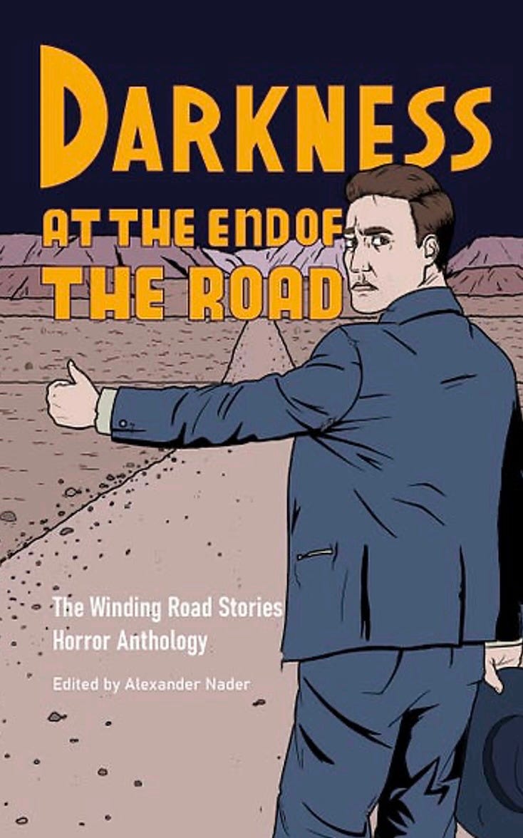 Graphic style image of a man with his thumb out hitching rides in a desert