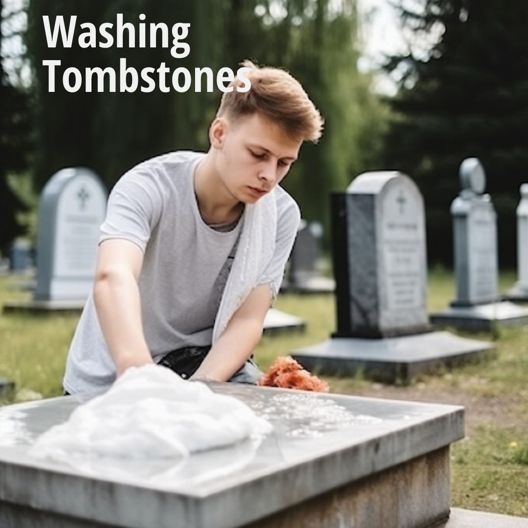 Man Washes Tombstones - Made with MidJourney