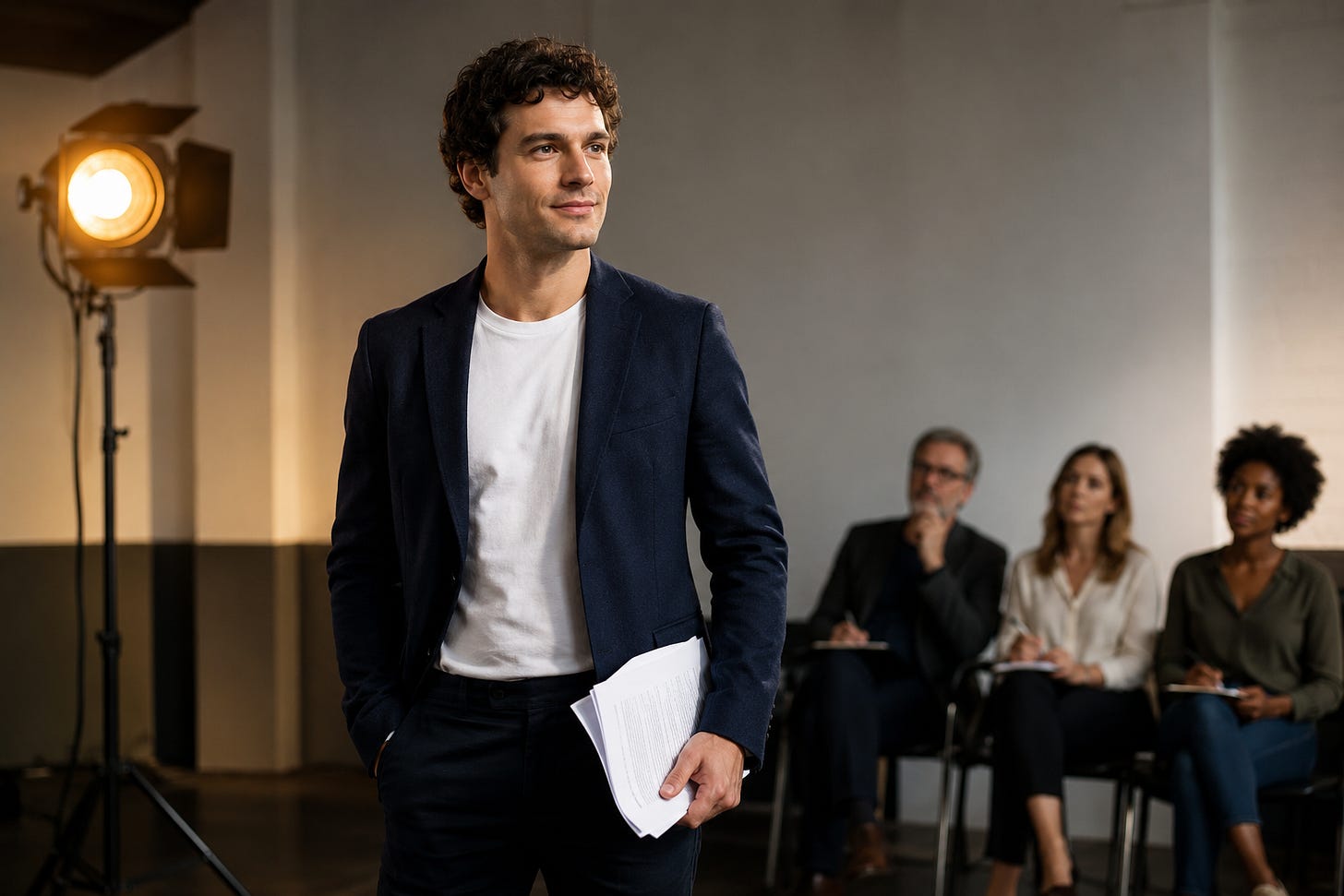 Confident actor in a navy blazer holding script sides in a softly lit audition room