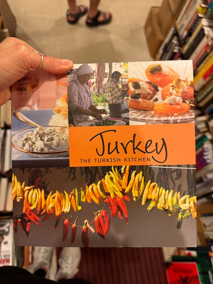 Left: Cover of book that reads "Turkey: The Turkish Kitchen" Right: A page in the book with a recipe for baklava.