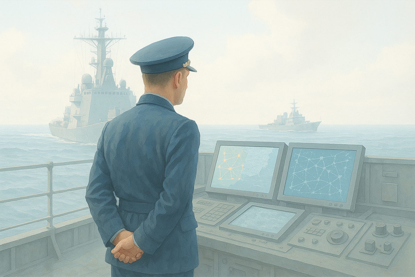 A future naval bridge operating in degraded conditions, where resilience is built into doctrine, not dependent on perfect connectivity. A future naval bridge operating in degraded conditions, where resilience is built into doctrine, not dependent on perfect connectivity.