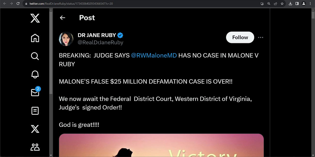 BOOM! Judge says Robert Malone (aka Maloney) HAS NO CASE IN MALONE V JANE RUBY; MALONE'S FALSE $25 MILLION DEFAMATION CASE IS OVER!! SAME I believe for BREGGINS! AMEN for JANE, BREGGIN! 