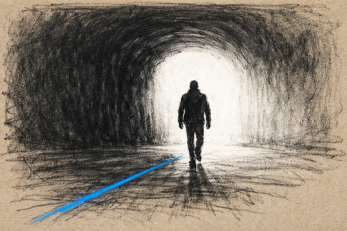 A gritty charcoal drawing of a silhouette walking out of a dark tunnel towards the viewer, into the light.