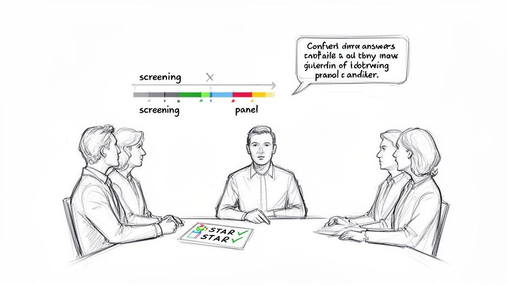 A team of people, likely a job panel, conducting an interview with a candidate, showing a screening timeline. A team of people, likely a job panel, conducting an interview with a candidate, showing a screening timeline.