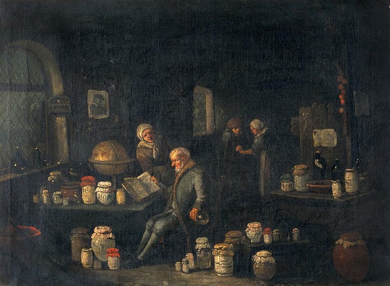An old man consulting a book and holding a flask in a room with many pharmacy jars. Oil painting in the style of Egbert van Heemskerck. Wellcome Collection. Source: Wellcome Collection. An old man consulting a book and holding a flask in a room with many pharmacy jars. Oil painting in the style of Egbert van Heemskerck. Wellcome Collection. Source: Wellcome Collection.
