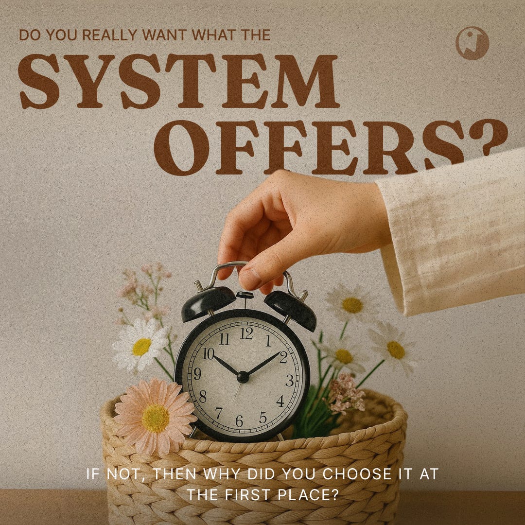 A hand reaches for a vintage alarm clock in a woven basket with flowers, beneath thought-provoking text.